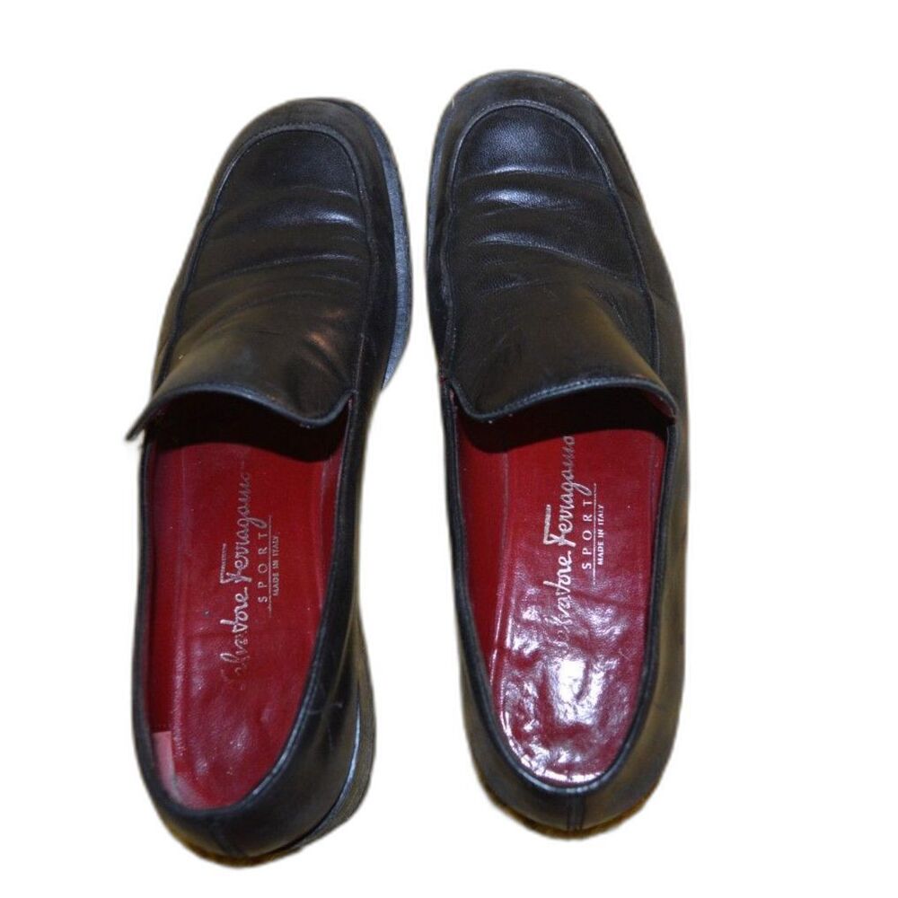 SALVATORE FERRAGAMO SPORT Square Toe Slides Black with Red Soles Vintage - Picture 2 of 8